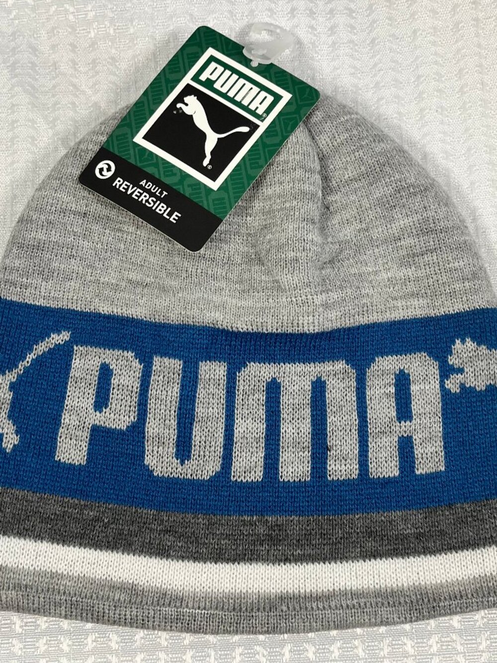 PUMA Reversible Knit Beanie Hat NWT Blue, Grey, & White